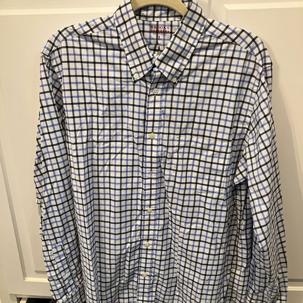 Brooks Brothers White and Blue Performance Men's Dress Shirt